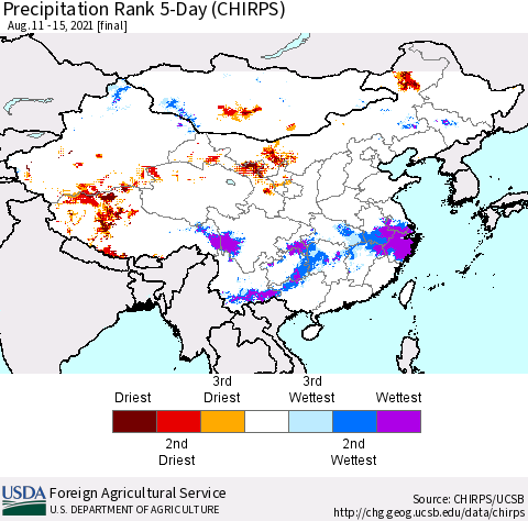 China, Mongolia and Taiwan Precipitation Rank since 1981, 5-Day (CHIRPS) Thematic Map For 8/11/2021 - 8/15/2021