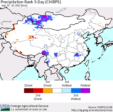 China, Mongolia and Taiwan Precipitation Rank since 1981, 5-Day (CHIRPS) Thematic Map For 8/16/2021 - 8/20/2021