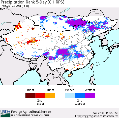 China, Mongolia and Taiwan Precipitation Rank since 1981, 5-Day (CHIRPS) Thematic Map For 8/21/2021 - 8/25/2021