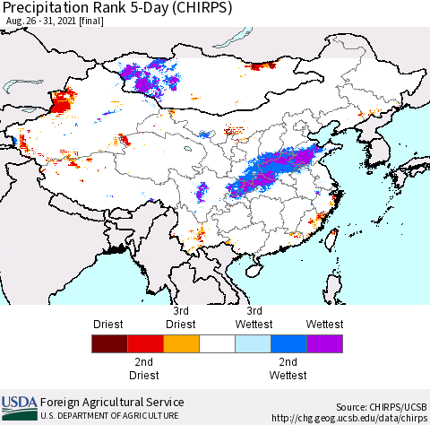 China, Mongolia and Taiwan Precipitation Rank since 1981, 5-Day (CHIRPS) Thematic Map For 8/26/2021 - 8/31/2021