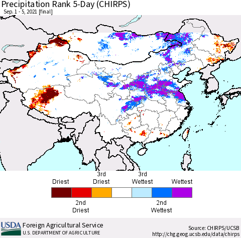 China, Mongolia and Taiwan Precipitation Rank since 1981, 5-Day (CHIRPS) Thematic Map For 9/1/2021 - 9/5/2021