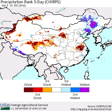 China, Mongolia and Taiwan Precipitation Rank since 1981, 5-Day (CHIRPS) Thematic Map For 9/6/2021 - 9/10/2021