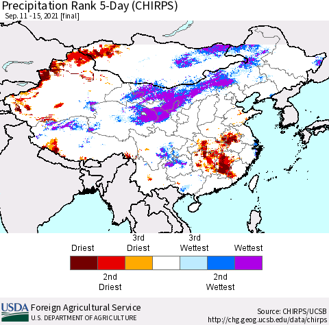 China, Mongolia and Taiwan Precipitation Rank since 1981, 5-Day (CHIRPS) Thematic Map For 9/11/2021 - 9/15/2021