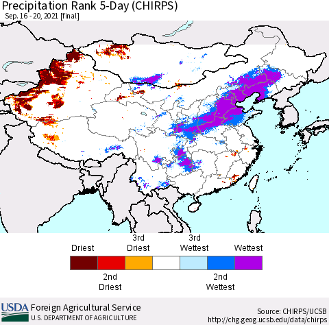 China, Mongolia and Taiwan Precipitation Rank since 1981, 5-Day (CHIRPS) Thematic Map For 9/16/2021 - 9/20/2021