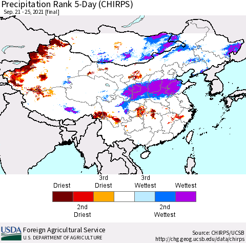 China, Mongolia and Taiwan Precipitation Rank since 1981, 5-Day (CHIRPS) Thematic Map For 9/21/2021 - 9/25/2021