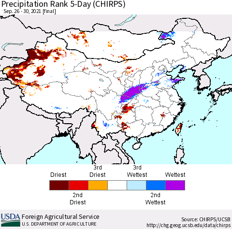 China, Mongolia and Taiwan Precipitation Rank since 1981, 5-Day (CHIRPS) Thematic Map For 9/26/2021 - 9/30/2021