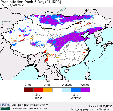 China, Mongolia and Taiwan Precipitation Rank since 1981, 5-Day (CHIRPS) Thematic Map For 10/1/2021 - 10/5/2021