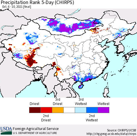 China, Mongolia and Taiwan Precipitation Rank since 1981, 5-Day (CHIRPS) Thematic Map For 10/6/2021 - 10/10/2021