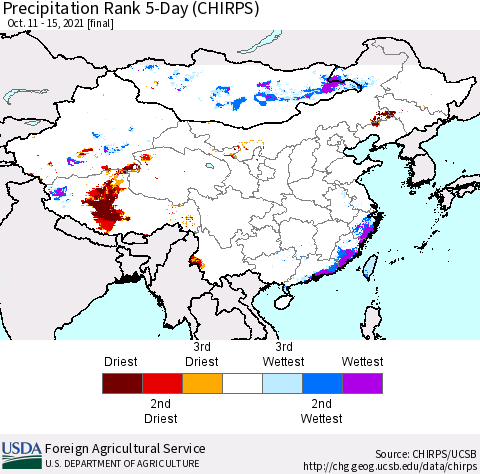 China, Mongolia and Taiwan Precipitation Rank since 1981, 5-Day (CHIRPS) Thematic Map For 10/11/2021 - 10/15/2021