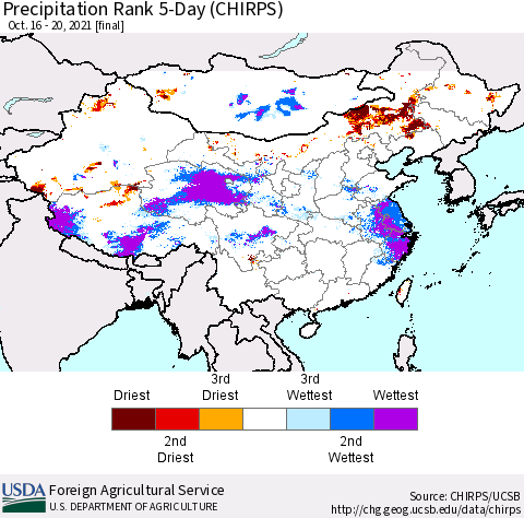 China, Mongolia and Taiwan Precipitation Rank since 1981, 5-Day (CHIRPS) Thematic Map For 10/16/2021 - 10/20/2021