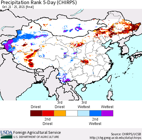 China, Mongolia and Taiwan Precipitation Rank since 1981, 5-Day (CHIRPS) Thematic Map For 10/21/2021 - 10/25/2021