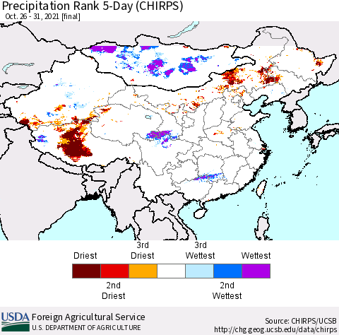 China, Mongolia and Taiwan Precipitation Rank since 1981, 5-Day (CHIRPS) Thematic Map For 10/26/2021 - 10/31/2021