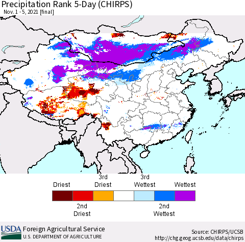 China, Mongolia and Taiwan Precipitation Rank since 1981, 5-Day (CHIRPS) Thematic Map For 11/1/2021 - 11/5/2021