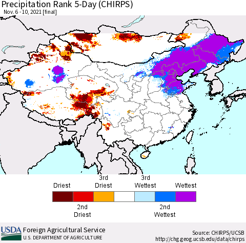 China, Mongolia and Taiwan Precipitation Rank since 1981, 5-Day (CHIRPS) Thematic Map For 11/6/2021 - 11/10/2021