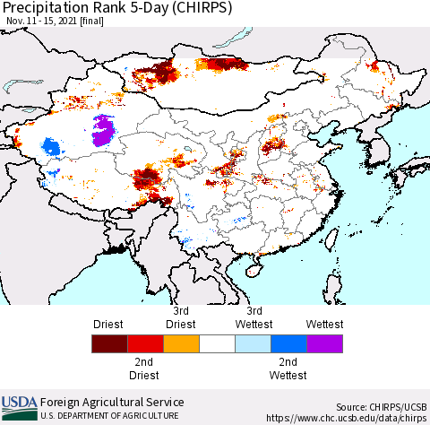 China, Mongolia and Taiwan Precipitation Rank since 1981, 5-Day (CHIRPS) Thematic Map For 11/11/2021 - 11/15/2021