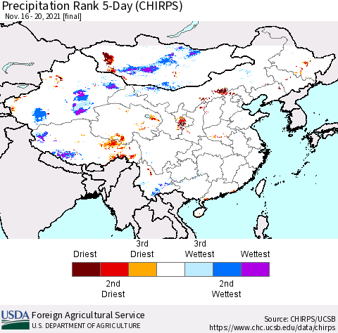China, Mongolia and Taiwan Precipitation Rank since 1981, 5-Day (CHIRPS) Thematic Map For 11/16/2021 - 11/20/2021