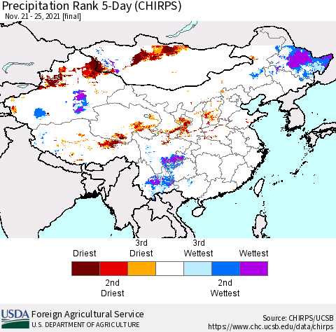 China, Mongolia and Taiwan Precipitation Rank since 1981, 5-Day (CHIRPS) Thematic Map For 11/21/2021 - 11/25/2021