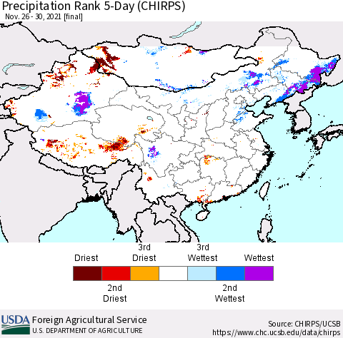 China, Mongolia and Taiwan Precipitation Rank since 1981, 5-Day (CHIRPS) Thematic Map For 11/26/2021 - 11/30/2021