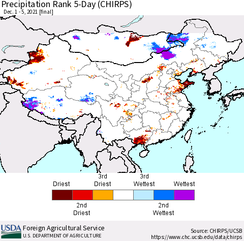 China, Mongolia and Taiwan Precipitation Rank since 1981, 5-Day (CHIRPS) Thematic Map For 12/1/2021 - 12/5/2021