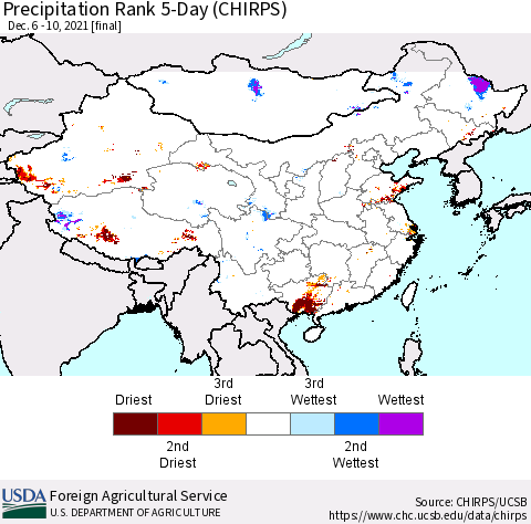 China, Mongolia and Taiwan Precipitation Rank since 1981, 5-Day (CHIRPS) Thematic Map For 12/6/2021 - 12/10/2021