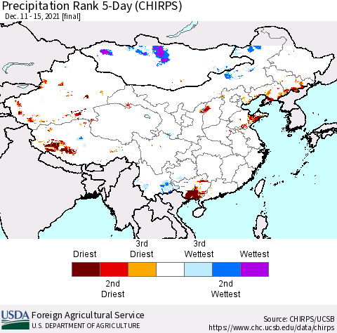 China, Mongolia and Taiwan Precipitation Rank since 1981, 5-Day (CHIRPS) Thematic Map For 12/11/2021 - 12/15/2021