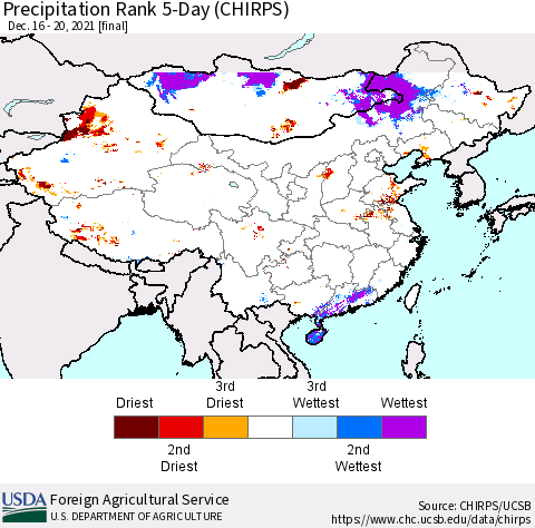 China, Mongolia and Taiwan Precipitation Rank since 1981, 5-Day (CHIRPS) Thematic Map For 12/16/2021 - 12/20/2021