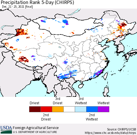 China, Mongolia and Taiwan Precipitation Rank since 1981, 5-Day (CHIRPS) Thematic Map For 12/21/2021 - 12/25/2021