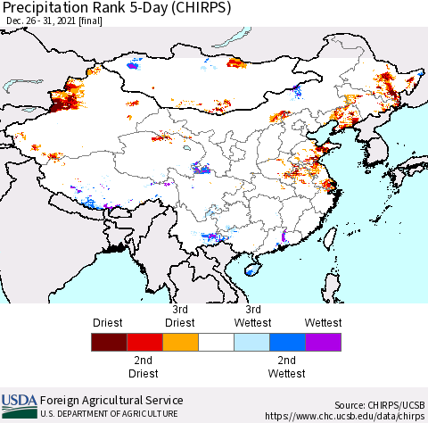China, Mongolia and Taiwan Precipitation Rank since 1981, 5-Day (CHIRPS) Thematic Map For 12/26/2021 - 12/31/2021