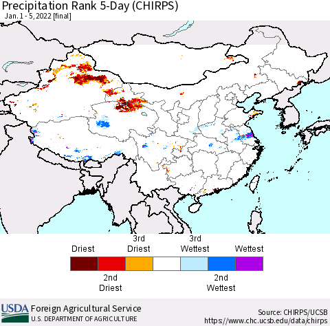 China, Mongolia and Taiwan Precipitation Rank since 1981, 5-Day (CHIRPS) Thematic Map For 1/1/2022 - 1/5/2022