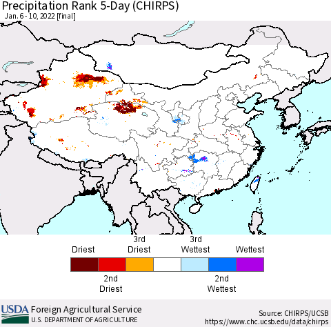 China, Mongolia and Taiwan Precipitation Rank since 1981, 5-Day (CHIRPS) Thematic Map For 1/6/2022 - 1/10/2022
