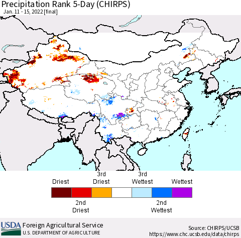 China, Mongolia and Taiwan Precipitation Rank since 1981, 5-Day (CHIRPS) Thematic Map For 1/11/2022 - 1/15/2022