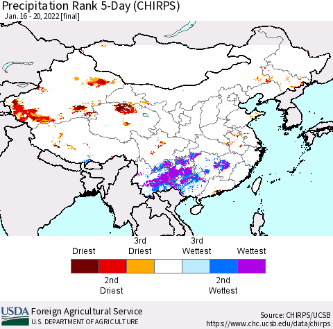 China, Mongolia and Taiwan Precipitation Rank since 1981, 5-Day (CHIRPS) Thematic Map For 1/16/2022 - 1/20/2022