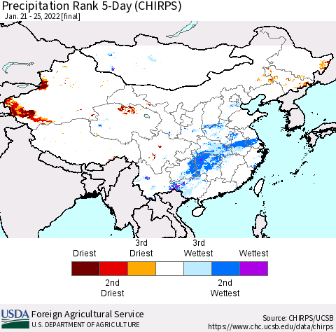 China, Mongolia and Taiwan Precipitation Rank since 1981, 5-Day (CHIRPS) Thematic Map For 1/21/2022 - 1/25/2022