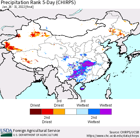 China, Mongolia and Taiwan Precipitation Rank since 1981, 5-Day (CHIRPS) Thematic Map For 1/26/2022 - 1/31/2022
