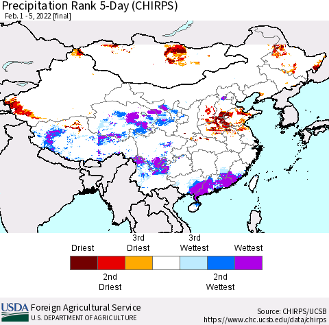 China, Mongolia and Taiwan Precipitation Rank since 1981, 5-Day (CHIRPS) Thematic Map For 2/1/2022 - 2/5/2022