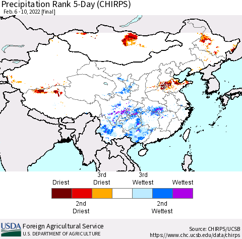 China, Mongolia and Taiwan Precipitation Rank since 1981, 5-Day (CHIRPS) Thematic Map For 2/6/2022 - 2/10/2022