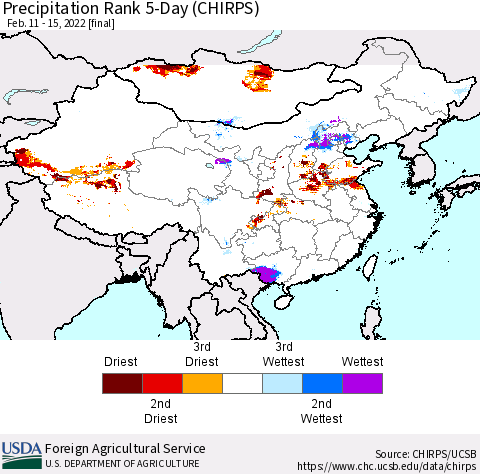 China, Mongolia and Taiwan Precipitation Rank since 1981, 5-Day (CHIRPS) Thematic Map For 2/11/2022 - 2/15/2022