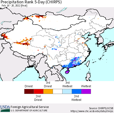 China, Mongolia and Taiwan Precipitation Rank since 1981, 5-Day (CHIRPS) Thematic Map For 2/16/2022 - 2/20/2022