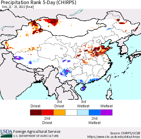 China, Mongolia and Taiwan Precipitation Rank since 1981, 5-Day (CHIRPS) Thematic Map For 2/21/2022 - 2/25/2022