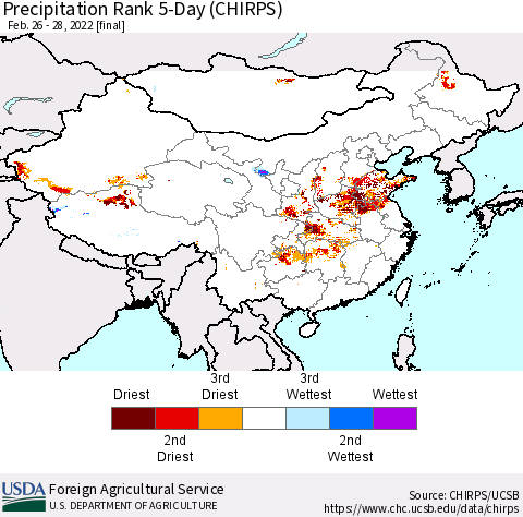 China, Mongolia and Taiwan Precipitation Rank since 1981, 5-Day (CHIRPS) Thematic Map For 2/26/2022 - 2/28/2022