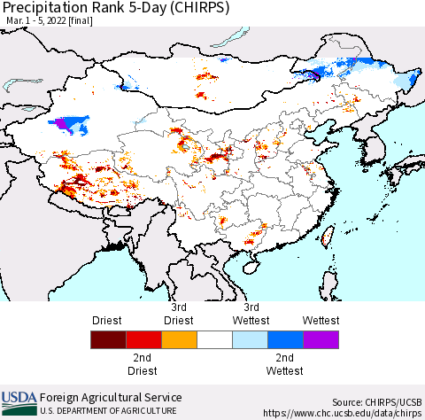 China, Mongolia and Taiwan Precipitation Rank since 1981, 5-Day (CHIRPS) Thematic Map For 3/1/2022 - 3/5/2022