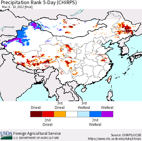 China, Mongolia and Taiwan Precipitation Rank since 1981, 5-Day (CHIRPS) Thematic Map For 3/6/2022 - 3/10/2022