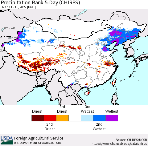 China, Mongolia and Taiwan Precipitation Rank since 1981, 5-Day (CHIRPS) Thematic Map For 3/11/2022 - 3/15/2022