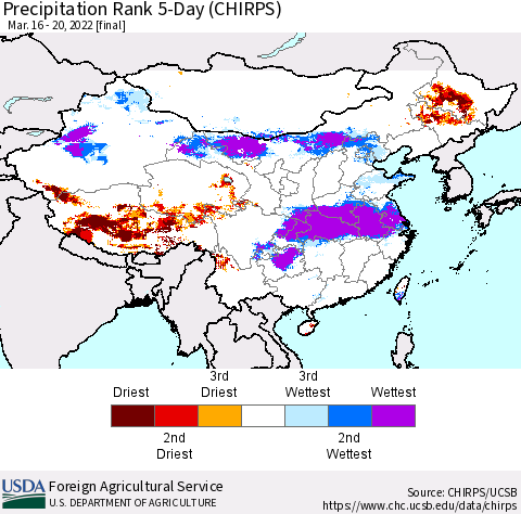 China, Mongolia and Taiwan Precipitation Rank since 1981, 5-Day (CHIRPS) Thematic Map For 3/16/2022 - 3/20/2022