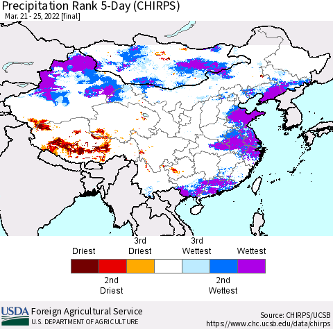 China, Mongolia and Taiwan Precipitation Rank since 1981, 5-Day (CHIRPS) Thematic Map For 3/21/2022 - 3/25/2022