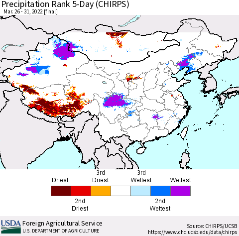 China, Mongolia and Taiwan Precipitation Rank since 1981, 5-Day (CHIRPS) Thematic Map For 3/26/2022 - 3/31/2022