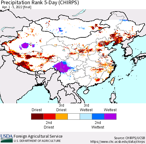 China, Mongolia and Taiwan Precipitation Rank since 1981, 5-Day (CHIRPS) Thematic Map For 4/1/2022 - 4/5/2022