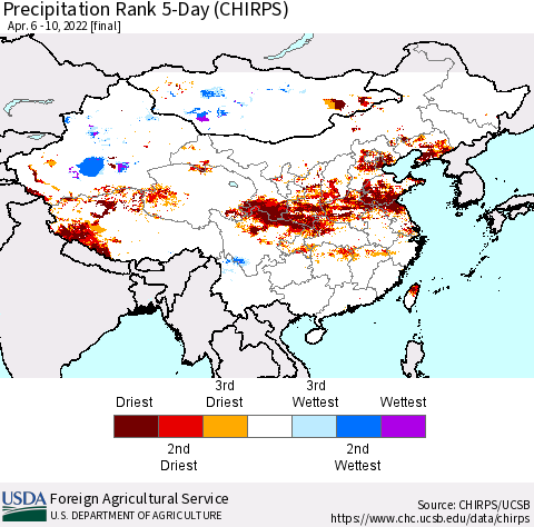 China, Mongolia and Taiwan Precipitation Rank since 1981, 5-Day (CHIRPS) Thematic Map For 4/6/2022 - 4/10/2022