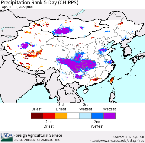 China, Mongolia and Taiwan Precipitation Rank since 1981, 5-Day (CHIRPS) Thematic Map For 4/11/2022 - 4/15/2022