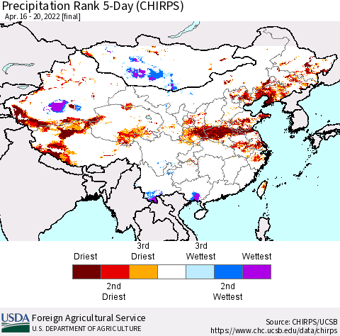 China, Mongolia and Taiwan Precipitation Rank since 1981, 5-Day (CHIRPS) Thematic Map For 4/16/2022 - 4/20/2022